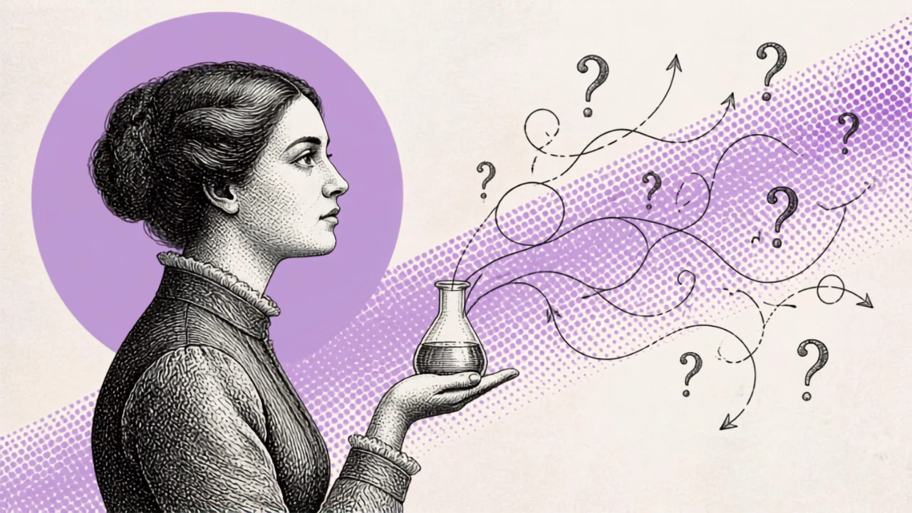 Ansia da incertezza: illustrazione di una donna che tiene una beuta da cui escono punti interrogativi